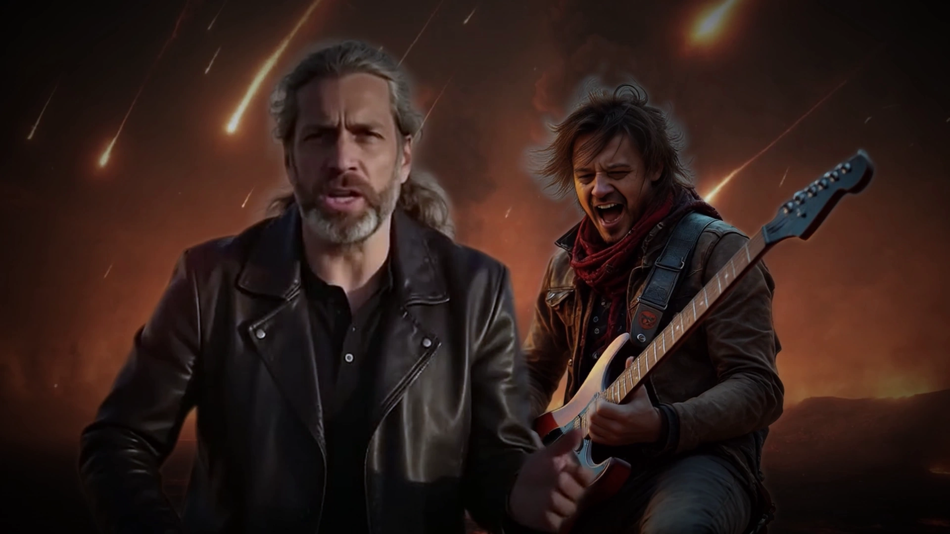 The King's Frog band members, singer and guitarist, performing with raw energy against an apocalyptic dark orange sky with meteors.