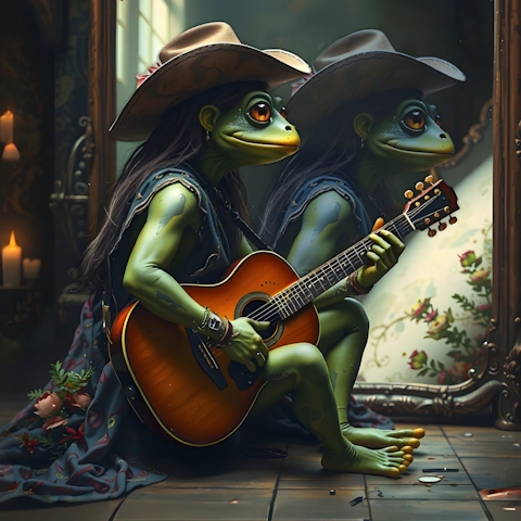 Female frog playing acoustic guitar with a cowboy hat, reflected in a candlelit room mirror.
