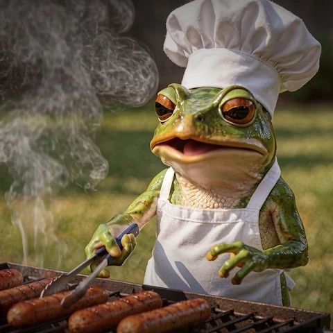 Frog chef wearing a hat and apron, grilling sausages on a barbecue with smoke rising in a grassy backyard.