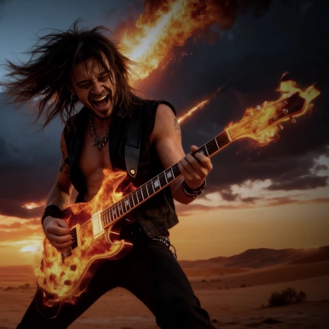 Rock guitarist performing with a flaming guitar in a desert beneath a dramatic meteor-filled sky.