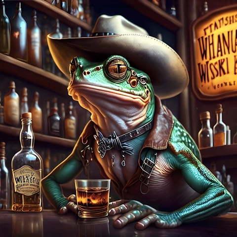 Cowboy hat, wooden bar counter, whiskey bottle and glass creating a vintage country rock saloon scene.