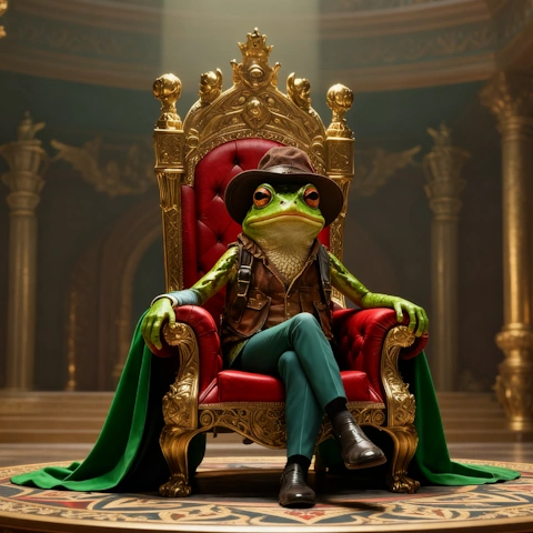 The King's Frog royal frog wearing a brown hat and leather vest, seated on a golden throne inside a palace hall.